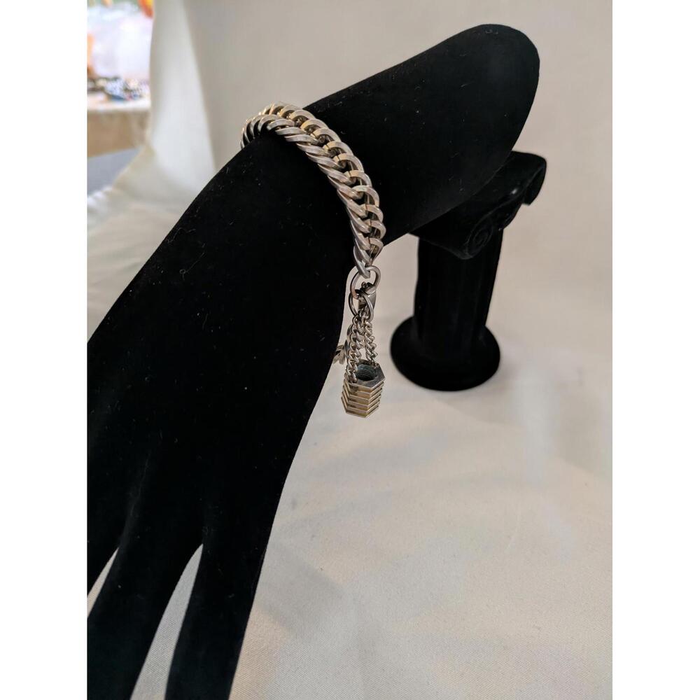 Textured Chain Bracelet with Pagoda Pendant, Silver Tone